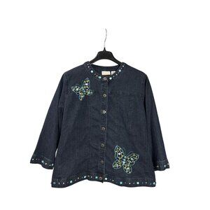 Alfred Dunner Women Denim Jacket Beaded Embroidered Butterflies Button Front 20W